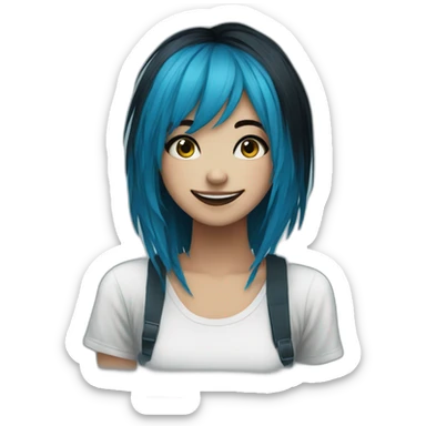 Happy emo girl, black makeup, long choppy blue hair side bangs sticker