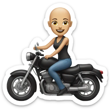 smiling bald woman on motorcycle outdoors sticker