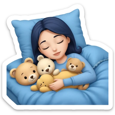 single-girl-in-Warm Cream-cozy-blue-bed-sleeping-pretty-eyelashes-light-skin-with toy sticker