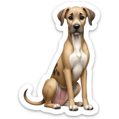 cinematic-[fawn great dane]-realistic-full-body-sitting-emoji,-tail-resting-loosely-beside-its-paws,-head-tilted-dramatically, ears drooped, -sleek-[fawn]-fur,-simplified-yet-realistic-focused-features,-highly-detailed,-glowing-with-an-almost-sarcastic-glow sticker