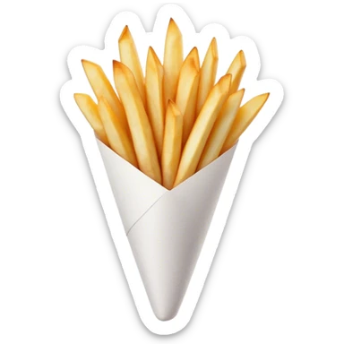 Belgian Fries Cinematic Realistic Belgian Fries Dish Emoji, depicted as a generous serving of crispy fries neatly presented in a white paper cone, rendered with vivid textures and appetizing, natural lighting. sticker
