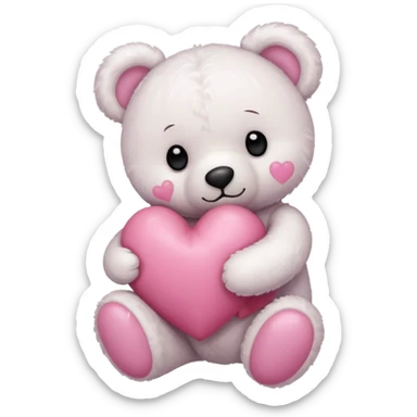 white teddy bear with pink bow hugging pink heart sticker