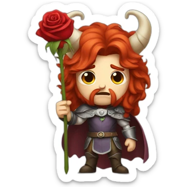 angry prince with horns and long red hair holding a rose sticker