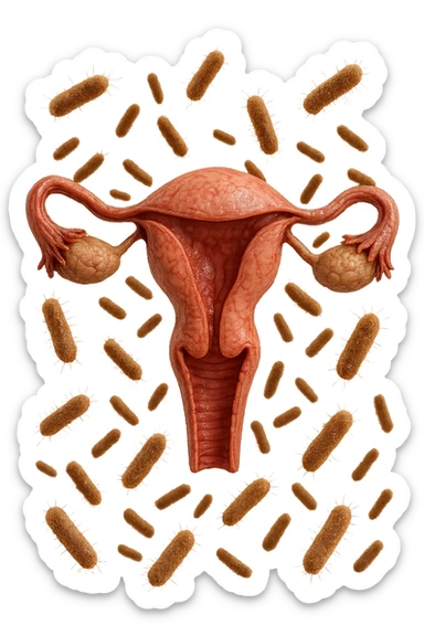 batteri intestinali fluttuano intorno ad un utero umano anatomico, iperrealistico 4k sticker