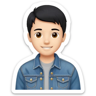 emoji of a teenage boy, straight black hair, wearing a denim jacket, playful smile sticker