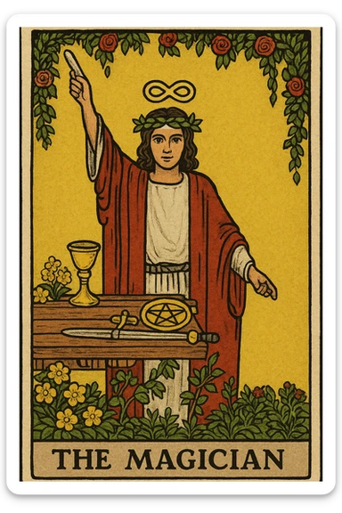 The Magician tarot card emoji in the style of Rider Waite Smith, featuring a robed figure with one hand pointing to the sky and the other to the earth, surrounded by symbols of the four suits, mystical and classic tarot illustration look sticker