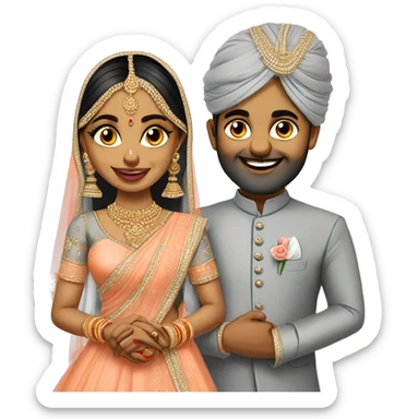 south indian wedding caricature of bride wearing peach colour lehenga and groom wearing Grey coloured suit sticker