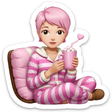  short pixie haircut aesthetic Victoria's Secret pajama set, Ugg boots, holding hot chocolate with pink and white marshmallows, cozy and cute sticker