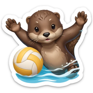 adorable otter floating on clearly visible blue water with waves, holding a volleyball with both paws above water sticker