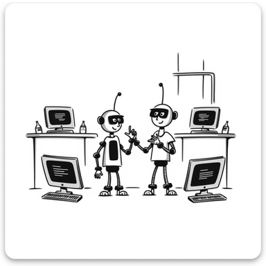 A robotics lab with mechanical arms and old CRT monitors sticker