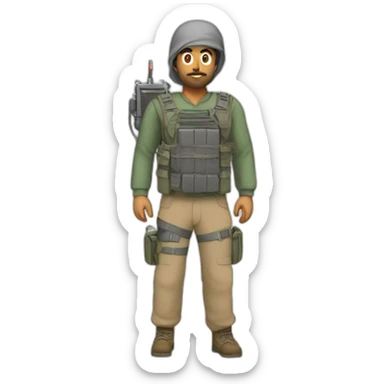 arab man wearing a plate carrier with many electrical wires crossing the pockets and a single analog clock sticker