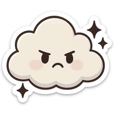 chibi sticker-style cloud with black sparkles and a moody expression, cute and exaggerated sticker