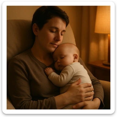 A serene moment of a parent holding a sleeping baby close to their chest, cozy chair, soft lighting, nurturing and safe environment, both look peaceful and secure. sticker