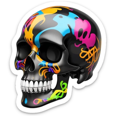 glossy black skull with colorful graffiti designs and fashion logos precisely contained inside the skull contours, three-quarter view sticker