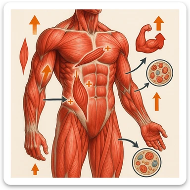 hyper realistic illustration showing various large and small muscles of the human body, all highlighted and connected by arrows or symbols representing the physiology of hypertrophic growth, detailed anatomy, educational and modern atmosphere, vivid colors, light background, symbols of muscle growth and cellular processes visible to emphasize the concept of common physiological response sticker
