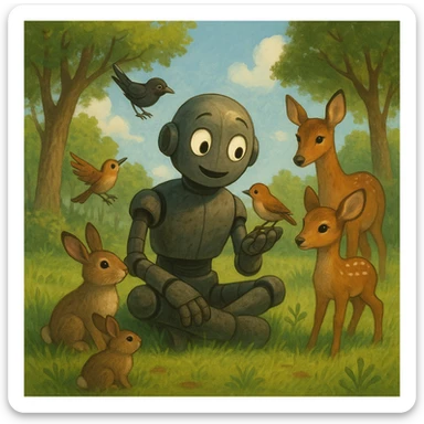 robot from The Wild Robot movie, interacting with animals in the wild, expressive face, natural environment, heartwarming mood sticker