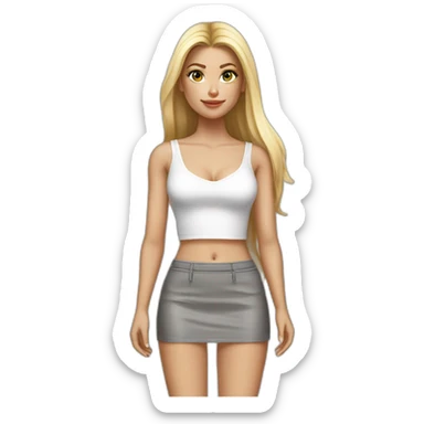 hyperrealistic caucasian blonde, long straight hair, white deep v-neck crop tanktop, gray tight mini skirt sticker
