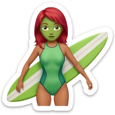 red hair green skin woman with surfboard sticker