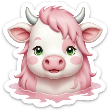 She is a soft and sweet strawberry milk cow, her fur a delicate blend of creamy white and pastel pink, with the pink forming gentle, swirling patches over her chubby, huggable body. Her long, silky hair, lowing waterfall of blush round rosy cheeks. She has large, expressive green eyes. sticker