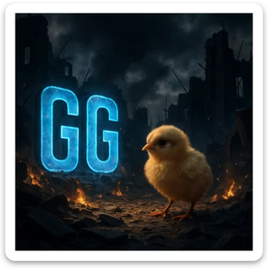 A small chick in an apocalyptic environment with large, bright blue letters 'GG' prominently displayed, dramatic and contrasting style, dark and impactful atmosphere, conveying a sense of hope amidst chaos and ruins. sticker