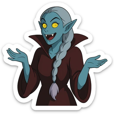 1 female, single long white braid with lavender tips. Vampire with blue skin and glowing gold yellow eyes. Meme pose sticker