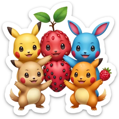 Three Pokémon characters showing kindness and teamwork. One Pokémon is handing a berry to another, while the third Pokémon is cheering and clapping happily. They look joyful and friendly, standing close together in a bright, colorful cartoon scene. The style is cute, playful, and emoji-like. sticker