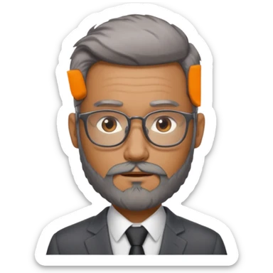 Create a figure that reflects an experienced entrepenurr but who has professional and elegant clothing, without hair, grey glasses, brown eyes and an unkempt beard  sticker