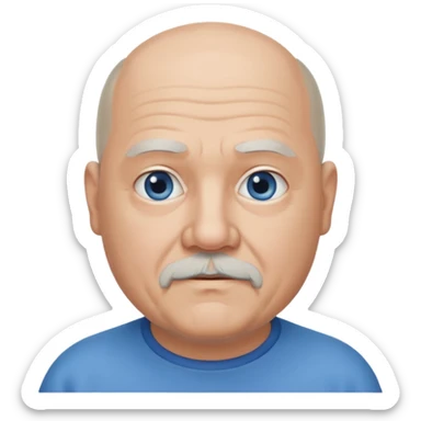 75, goatee, bald, grey side hair, chubby, blue eyes, chin hair sticker