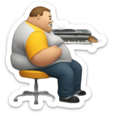 obese person in a cellar typing on a keyboard sticker