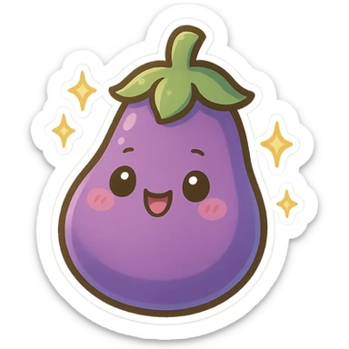chibi sticker-style eggplant with sparkles, cute and exaggerated sticker