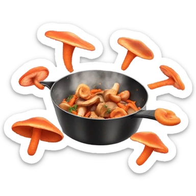 mushroom, carrots steak pieces   in pan in air, tossed in the air  sticker