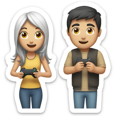 Cute asian couple excitedly playing video games sticker