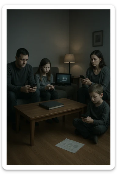 Famiglia composta da padre, madre e uno o due figli seduti nello stesso ambiente domestico (salotto o tavola da pranzo), ma ciascuno è assorto nei propri pensieri, con espressioni spente e distaccate. Nessuno si guarda o sorride. I colori dell’ambiente sono freddi e grigi, la luce è debole. Intorno a loro, simboli di disconnessione: telefoni in mano, TV accesa ma ignorata, silenzio. L’atmosfera è visivamente carente di calore emotivo. Nessun contatto fisico, postura rigida. Un dettaglio visivo come un album di foto chiuso sul tavolo o un disegno dei figli dimenticato sul pavimento accentua la mancanza di dolcezza e unione sticker