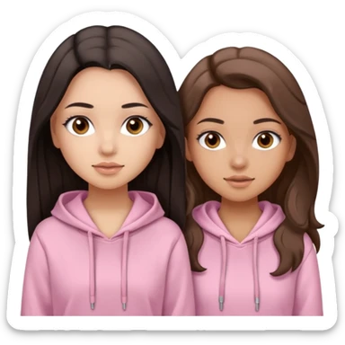 A pretty girl with light skin and long straight black brown hair, wearing a very light pink basic hoodie with brown eyes and makeup and a round face with another girl with tan skin and very wavy brown hair sticker