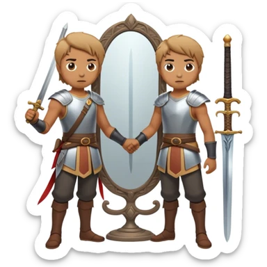 A person standing in front of a mirror, looking at their own reflection, while a sword lies on the ground beside them. The mirror represents self-awareness and acceptance sticker