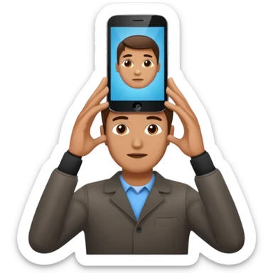 a guy holding 1 smartphone with both hands horizontally on top of his forehead sticker