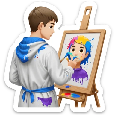 the white artist stands with his back to the painting, painting a portrait sticker