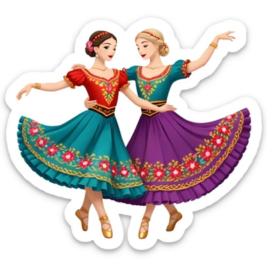 Cinematic Realistic scene of two dancers performing the Tarantella, dressed in vibrant, flowing traditional costumes with detailed embroidery and dynamic skirts, captured in festive motion with warm, lively lighting sticker
