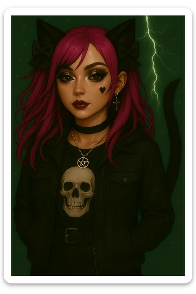 Add bold, stylish makeup with dramatic eyeliner, shimmering eyeshadow, and glossy lips to the character. Keep the heart tattoo under her left eye, maintain the modern streetwear outfit, emo style, pink hair, dark magical accessory, sparkles, and stormy background. The face should remain normal and the style should be realistic anime. sticker