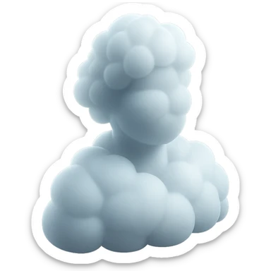 person made entirely of white fluffy convex clouds, shoulder up, front view, matte glass style sticker
