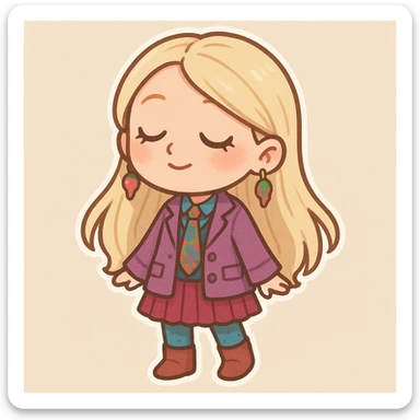 chibi sticker style character inspired by Luna Lovegood, light blonde long straight hair, dreamy expression, wearing colorful eccentric clothes, light beige background sticker