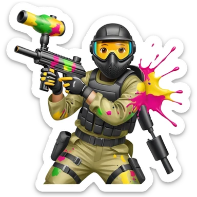 A paintball player in full gear, aiming a paintball gun with focus and determination. The scene includes vibrant splashes of paint and a dynamic battlefield setting, emphasizing action, strategy, and teamwork in a competitive environment sticker