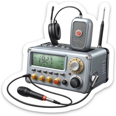 A photorealistic icon featuring a ham radio transceiver, headphones, microphone, antenna, radio equipment like soldering tools and cables, soldering iron in use. The design includes detailed textures and realistic lighting. Transparent background. sticker