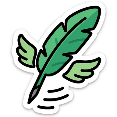 digital sticker of a flying feather quill, semi-realistic vector art style, clean outlines, flat green black and gray colors, slight shadows, arranged for a sticker sheet sticker