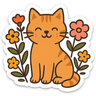 flat toon style cat with flowers sticker