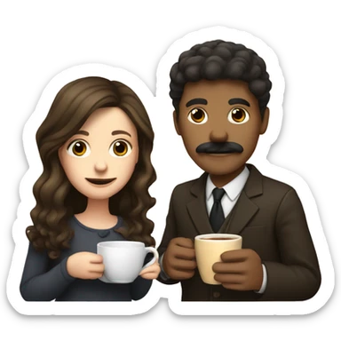 a brunette girl and a dark blond boy with a mustache drinking together a cup of tea sticker