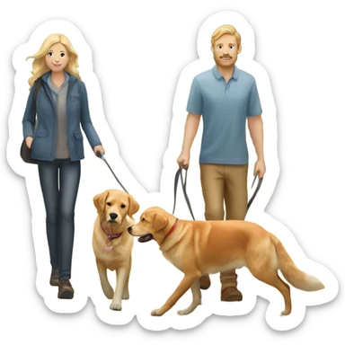 man walking fox red Labrador and woman walking English cream retriever sticker