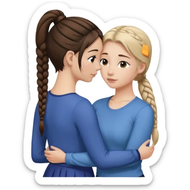 Comforting Hug two white skin women, one shorter woman with medium brown simple top ponytail, not braided, and one taller woman with a single long black side braid sticker