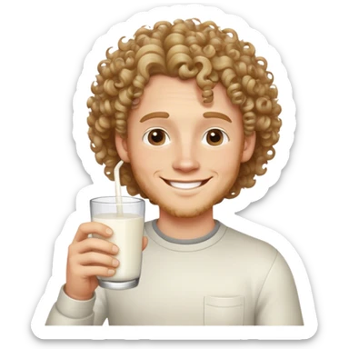 White man with curles holding milk and smiling sticker