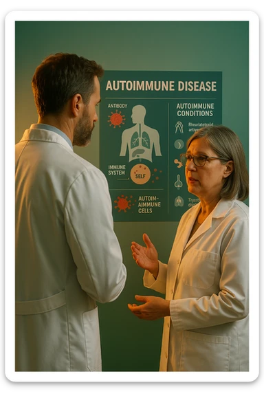 Realistic, detailed photo taken from behind of one doctor e un paziente —a bearded man and a middle-aged woman—standing and facing each other as they discuss an autoimmune disease diagnosis in front of a medical chart that displays information about the immune system and autoimmune conditions. The scene is illuminated by a yellowish, orange, warm light that softly envelops the doctors. The entire room is bathed in a single green-blue color, creating a cohesive and modern atmosphere. Both doctors wear white coats, and their body language suggests a serious, professional conversation about the complexities of autoimmune diseases. Shot with a Canon EOS R5, with high detail and natural depth of field. in italiano sticker